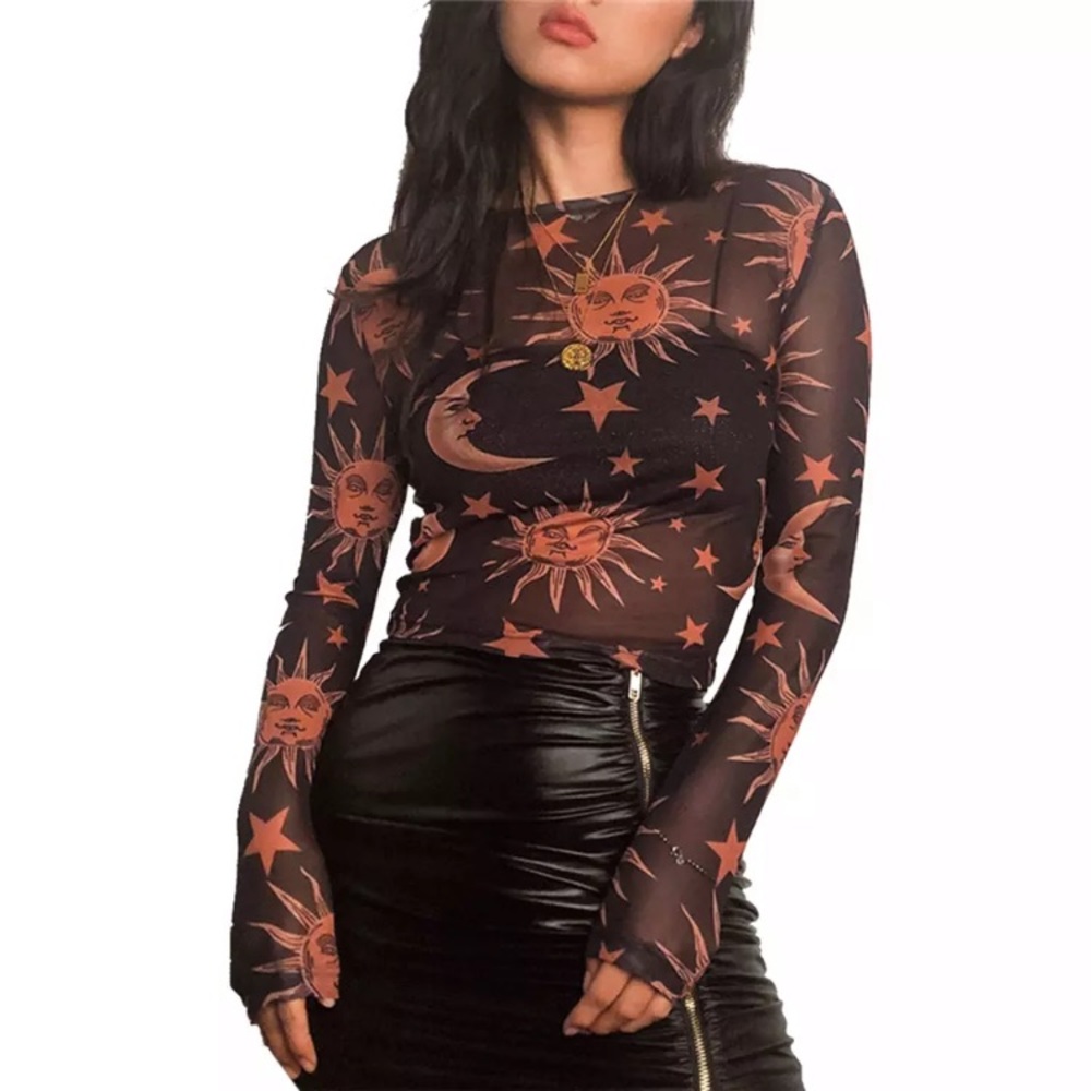 Celestial Sun Moon Sheer Mesh Crop Top - Picture 8 of 8